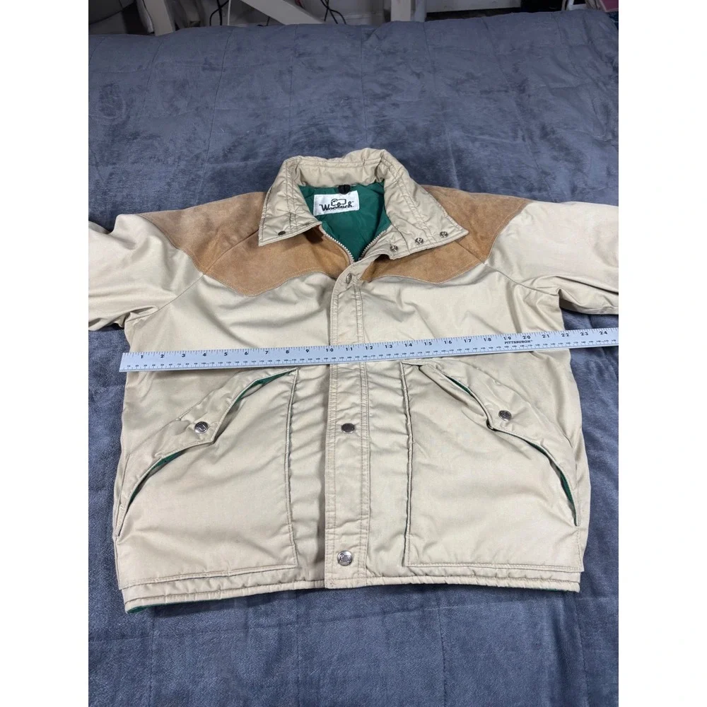 Woolrich Vintage Mens Western Suede Yoke Puffer Jacket Tan Beige Size M 6394
